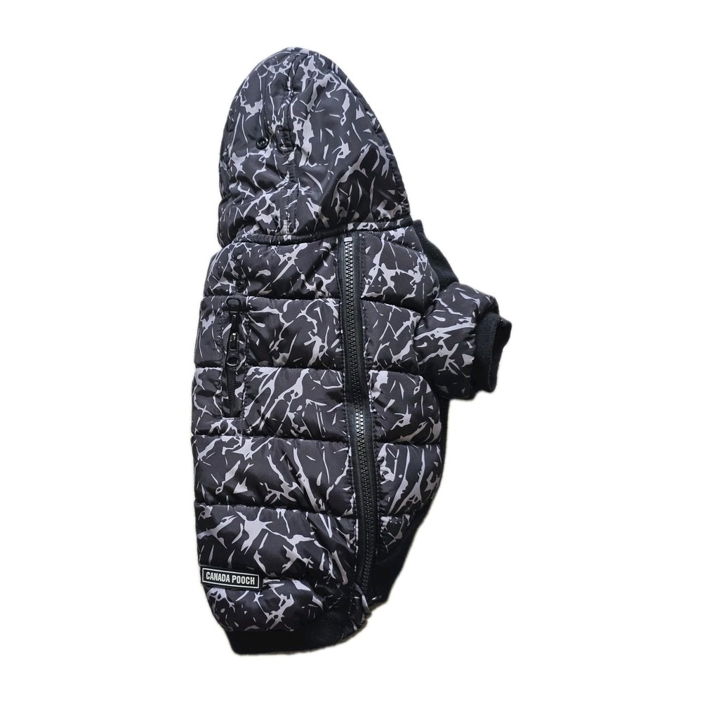 Canada Pooch Dog Puffer Jacket Size 14 Black Gray Marble Hooded Winter Coat